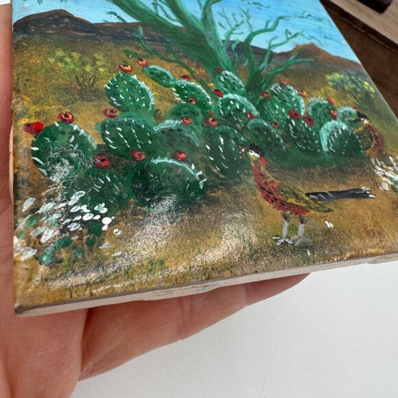 Prickly pear road runner painted tile southwest Arizona scene blue sky small tin - Picture 7 of 16